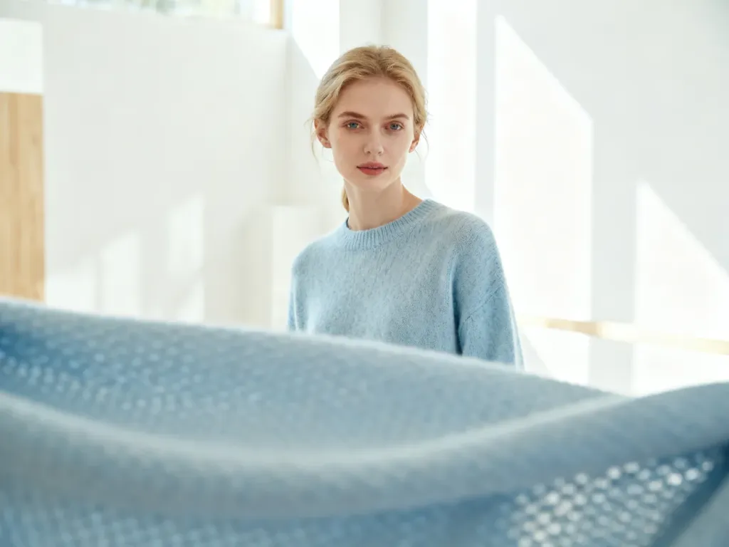 Kobieta w miękkim swetrze w kolorze baby blue w minimalistycznym, jasnym wnętrzu. Zbliżenie na fakturę dzianiny.