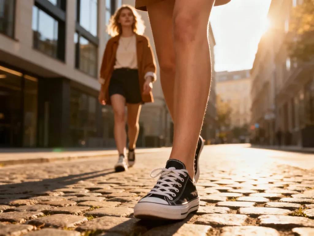 Stylowa kobieta w klasycznych trampkach Converse spaceruje po słonecznej ulicy, prezentując modną, codzienną stylizację.