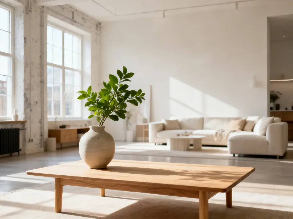 Jasny salon w stylu skandynawskim z minimalistycznym stolikiem kawowym, rośliną i dużymi oknami wpuszczającymi światło.